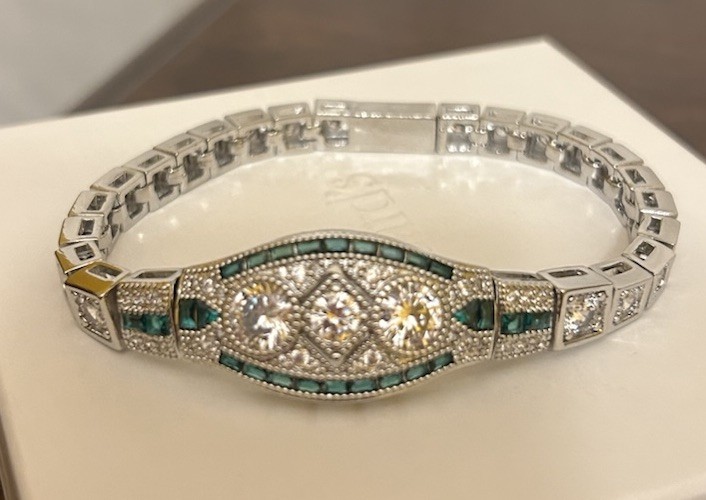 Silver Tone Emerald Green CZ And Diamond CZ Art Deco Inspired Bracelet NWT