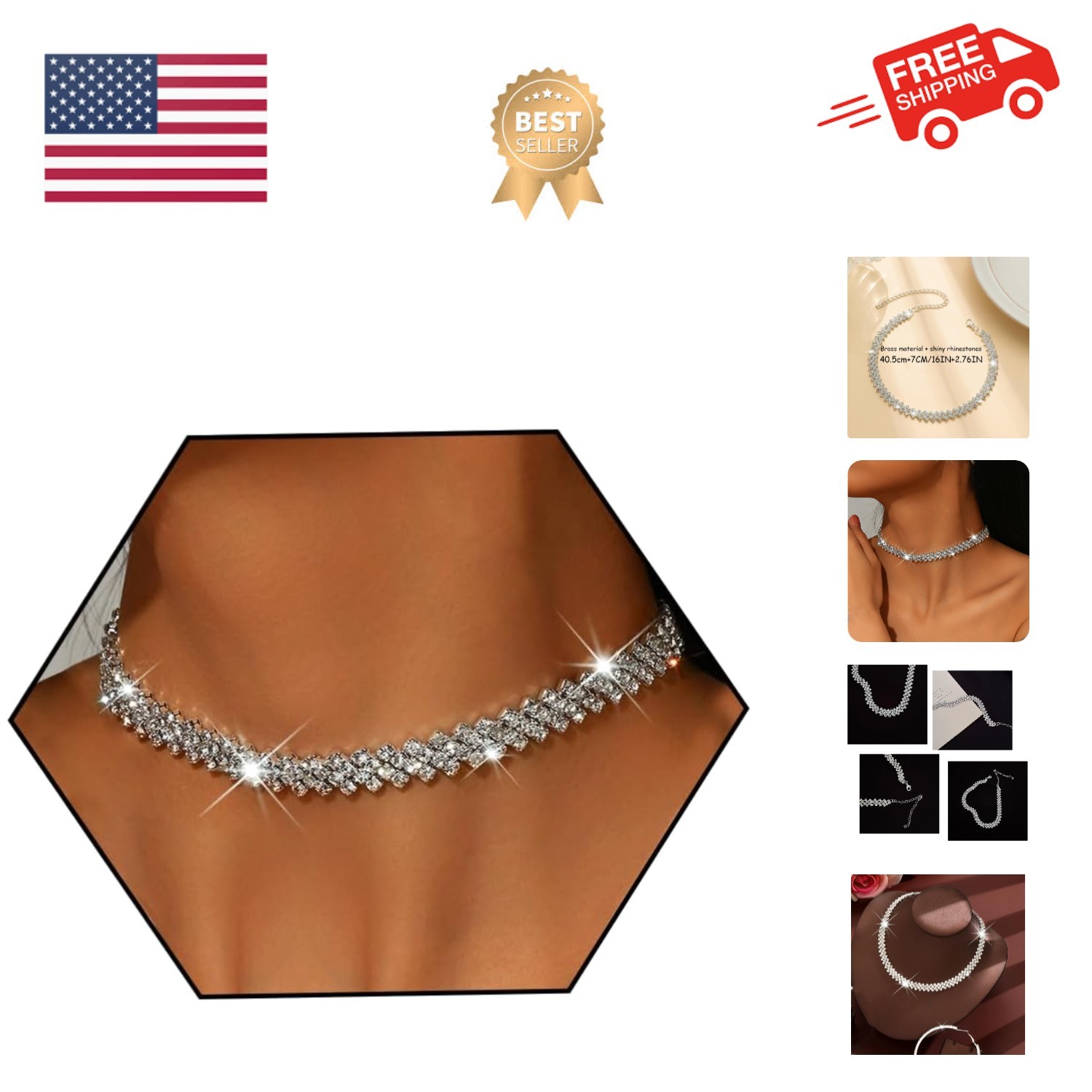 Rhinestone Choker Necklaces for Women Silver Diamond Choker and Earring Set f…