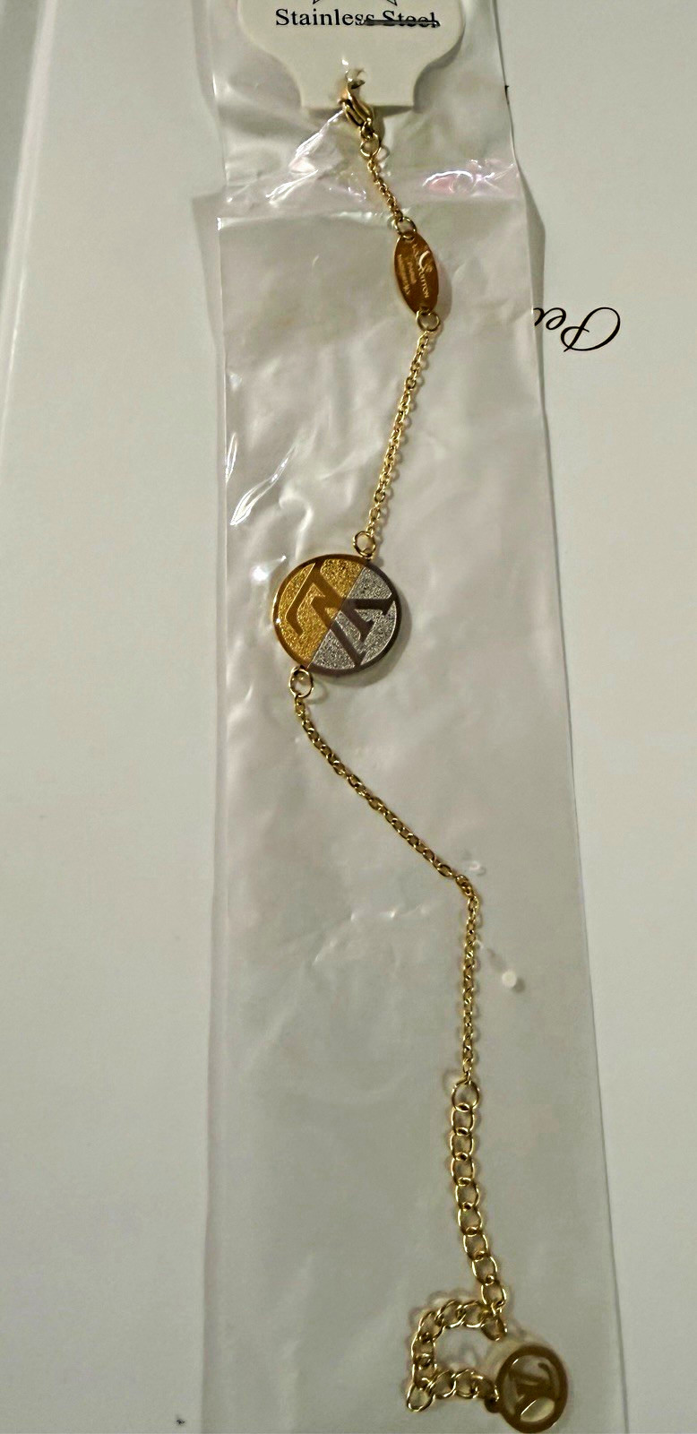 Stainless Steel Gold Tone Cable Chain Charm Bracelet Round Dangle Lobster Clasp