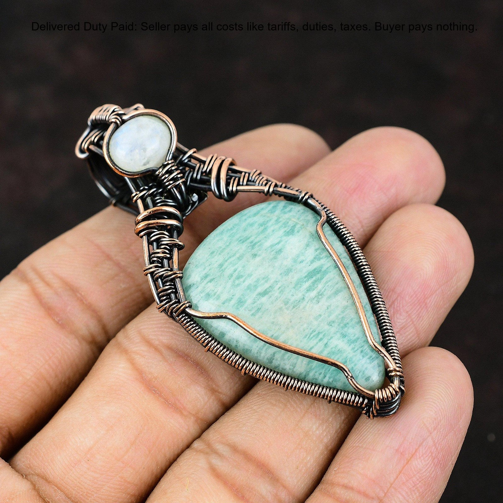 Pear Amazonite Gemstone Rainbow Moonstone Copper Twisted Wife Pendant Jewelry