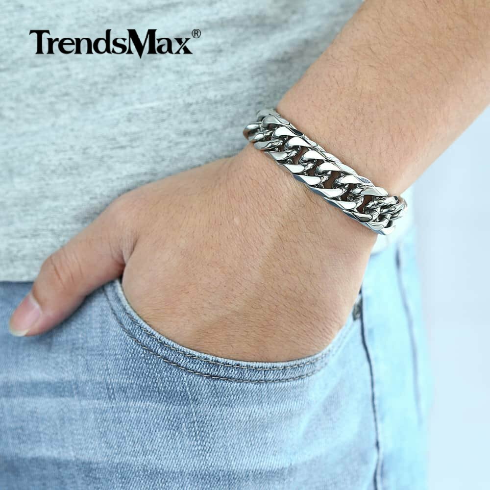 15mm 316L Stainless Steel Mens Chain Curb Cuban Link Bracelet Silver Gold Plated