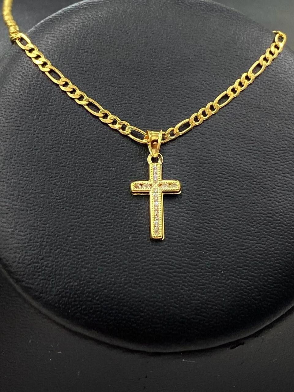 14K Gold Filled Tiny CZ Cross Pendant Necklace Womens 17x10mm Figaro Crucifix