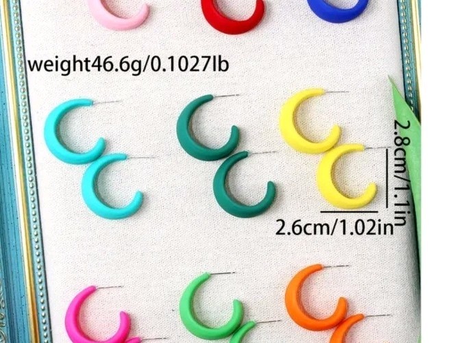9 Pair Of Colorful Textured Coated Hoop Earrings. Lightweight Everyday Wear,