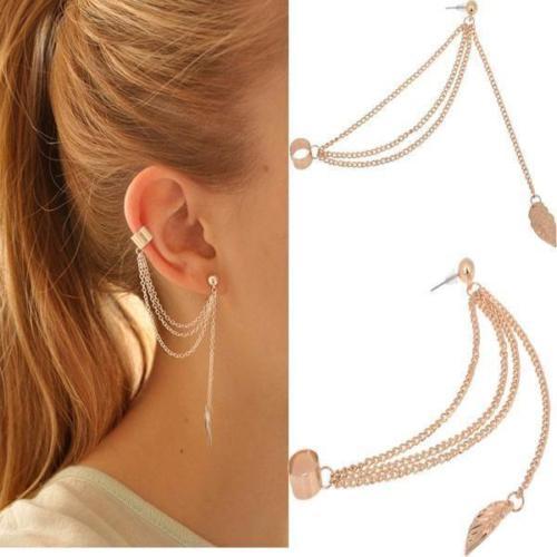 Women Punk Rock Leaf Chain Tassel Dangle Ear Stud Cuff Wrap Earring Eardrop P29