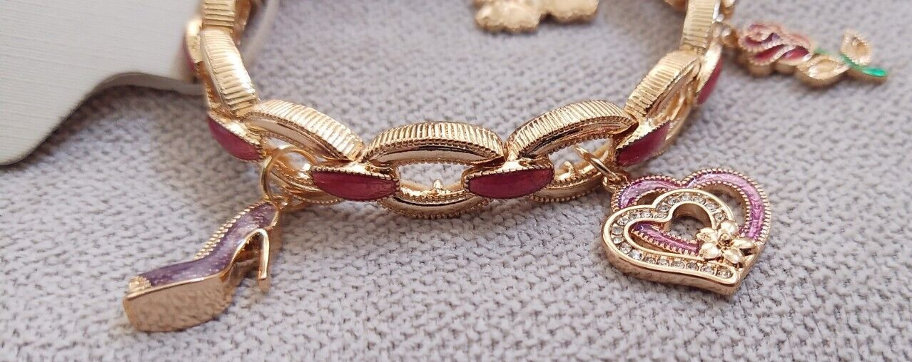 NWT Napier Gold Tone Love & Beauty Charm Stretch Bracelet Heart Rose Lipstick ++