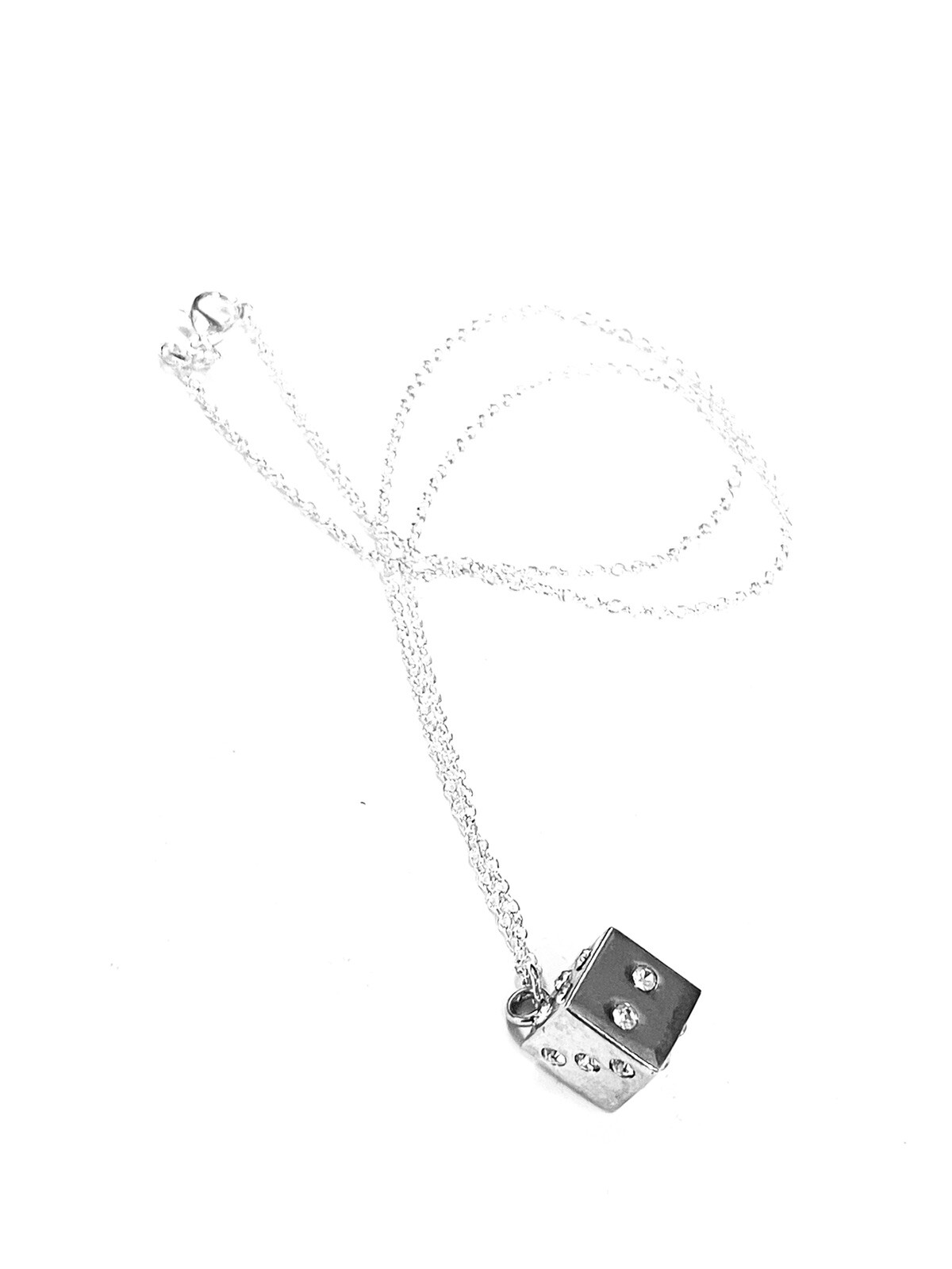 Silver Rhinestone Crystal Encrusted Dice Pendant Necklace on 18” Silver Chain