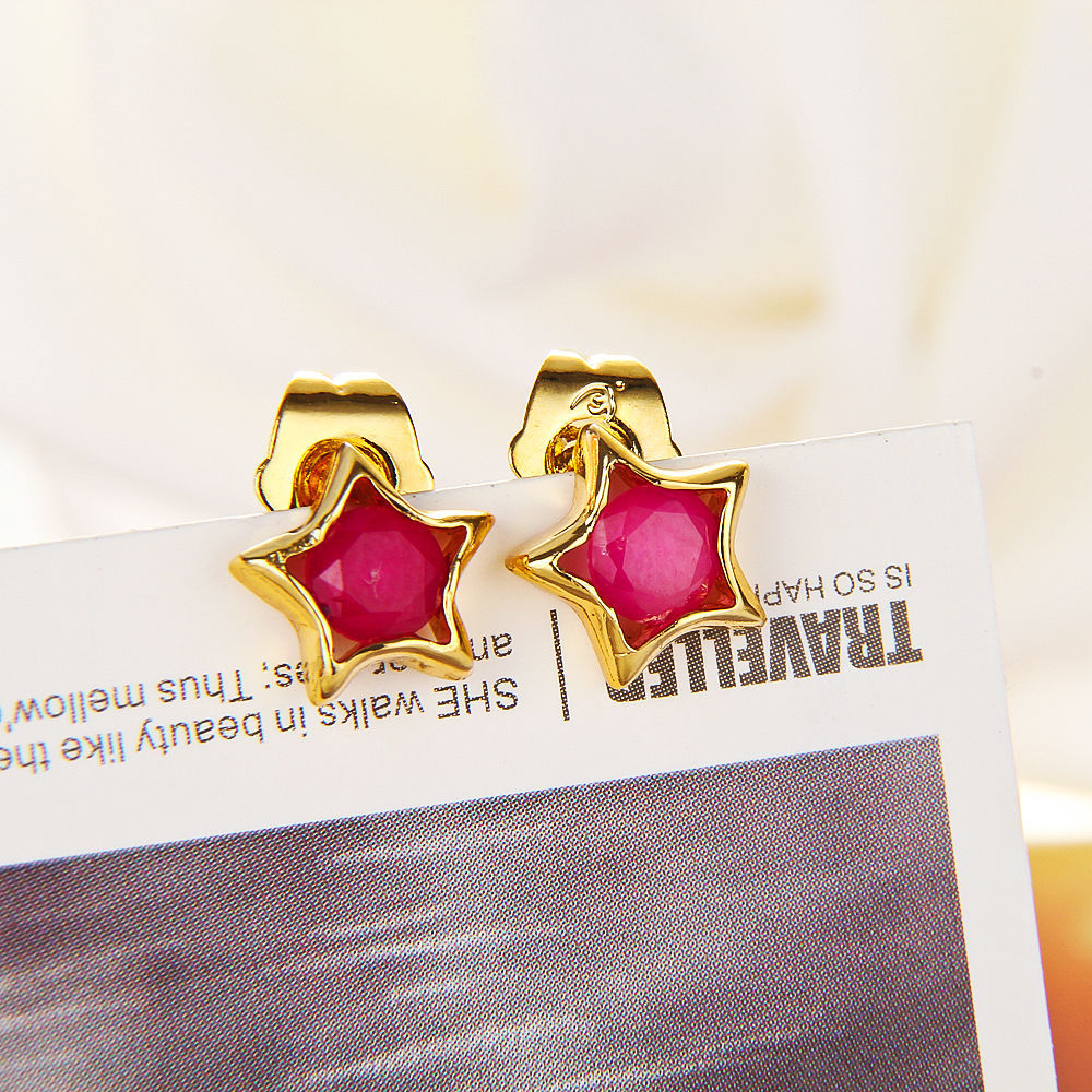 Cute New 18k Yellow Gold Filled Star Set Round Red CZ Stud Earrings