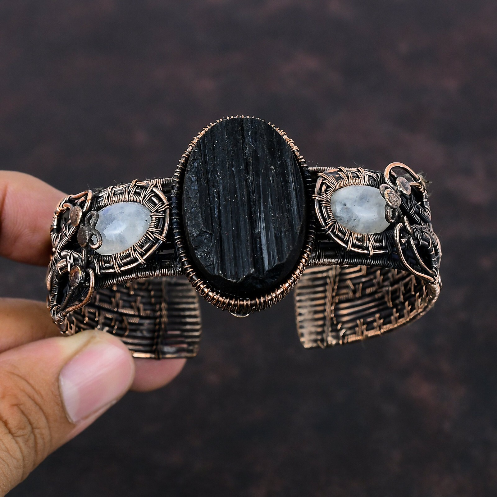 Black Tourmaline Rough Copper Mom Gift Wire Wrapped Adjustable Bangle