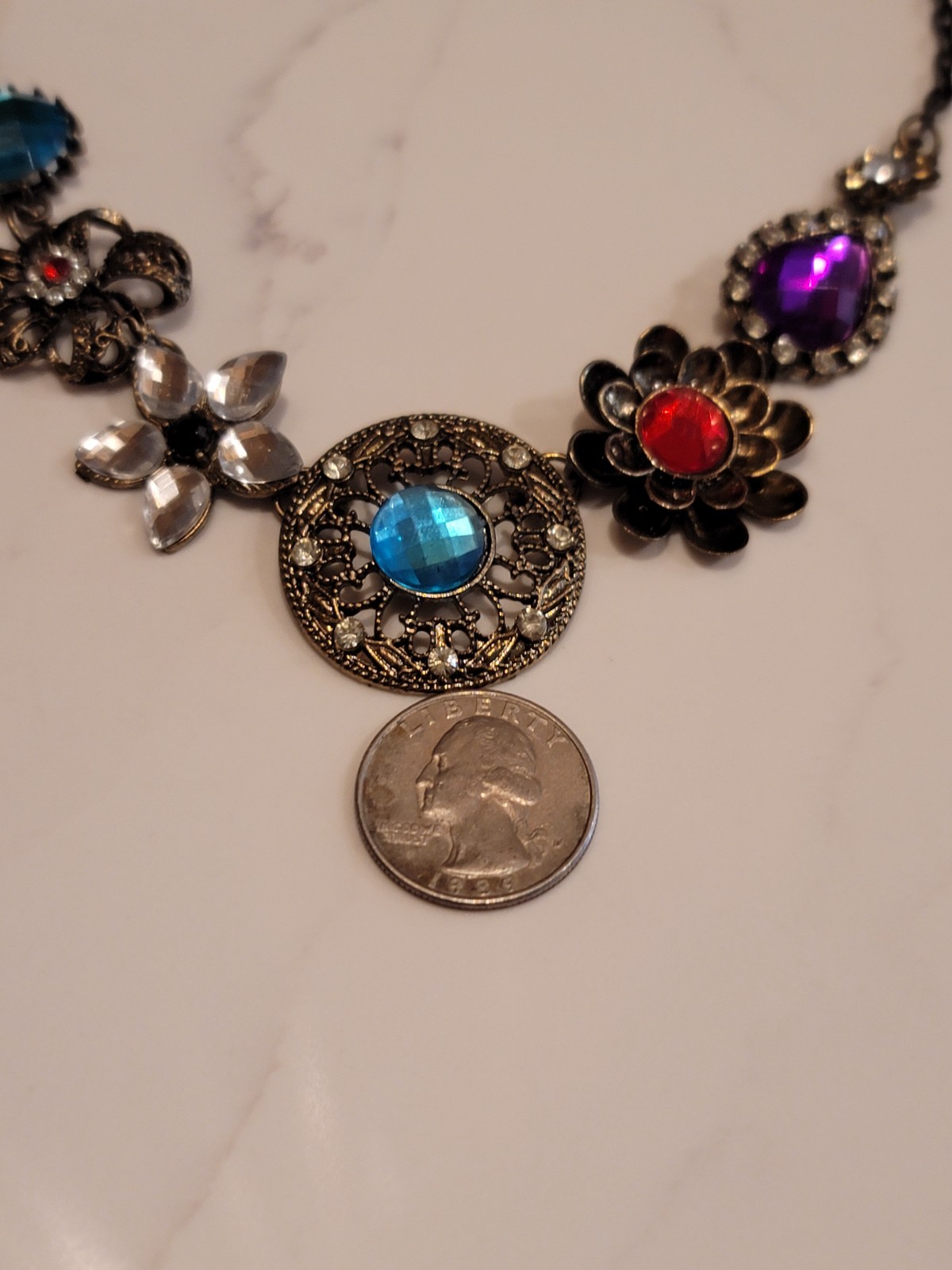 Betsey Johnson Floral Statement Necklace Blue Purple Red Crystal 18″ Signed