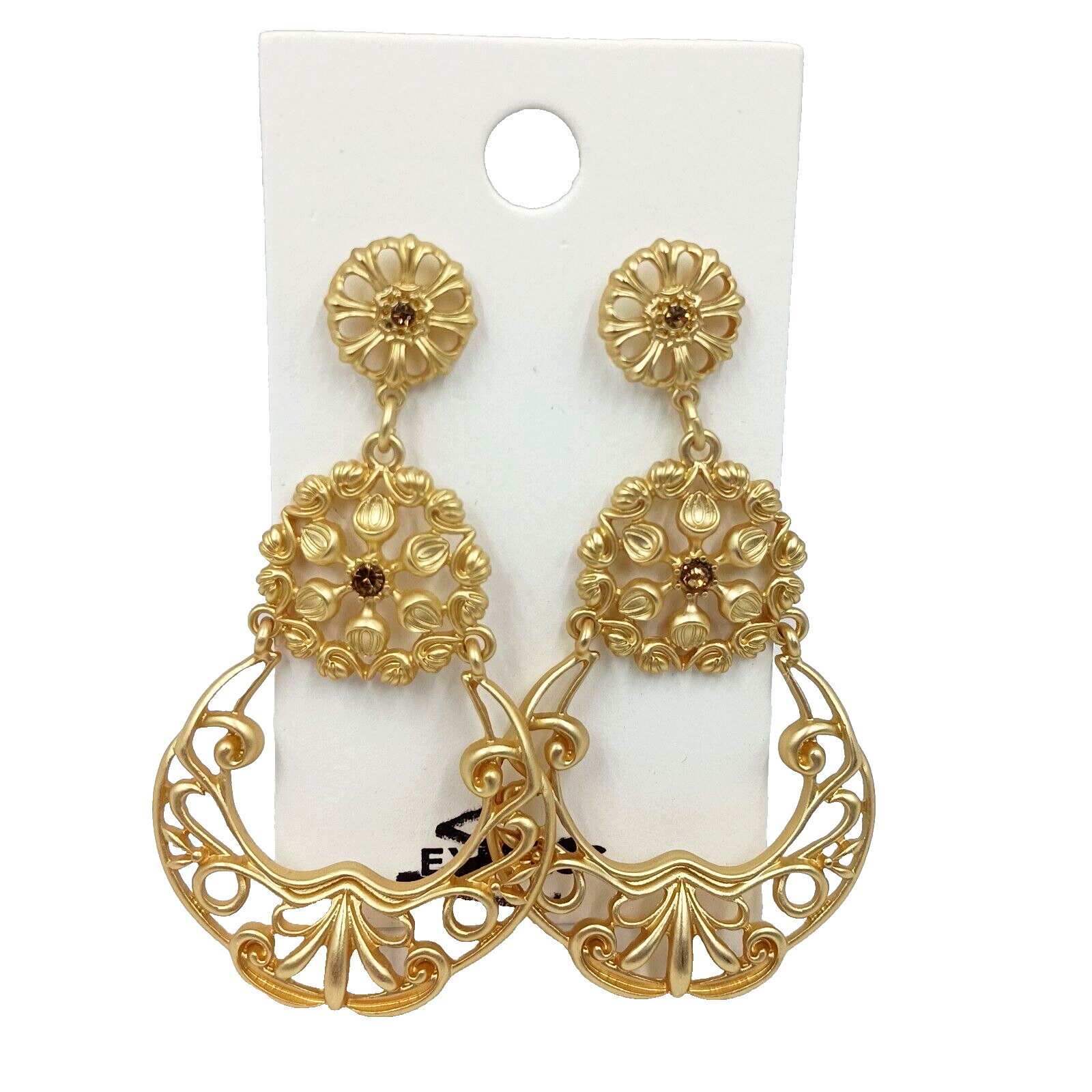Express 1 1/2″ Rhinestone Dangle Push Back Earrings Gold Tone Statement Shiny