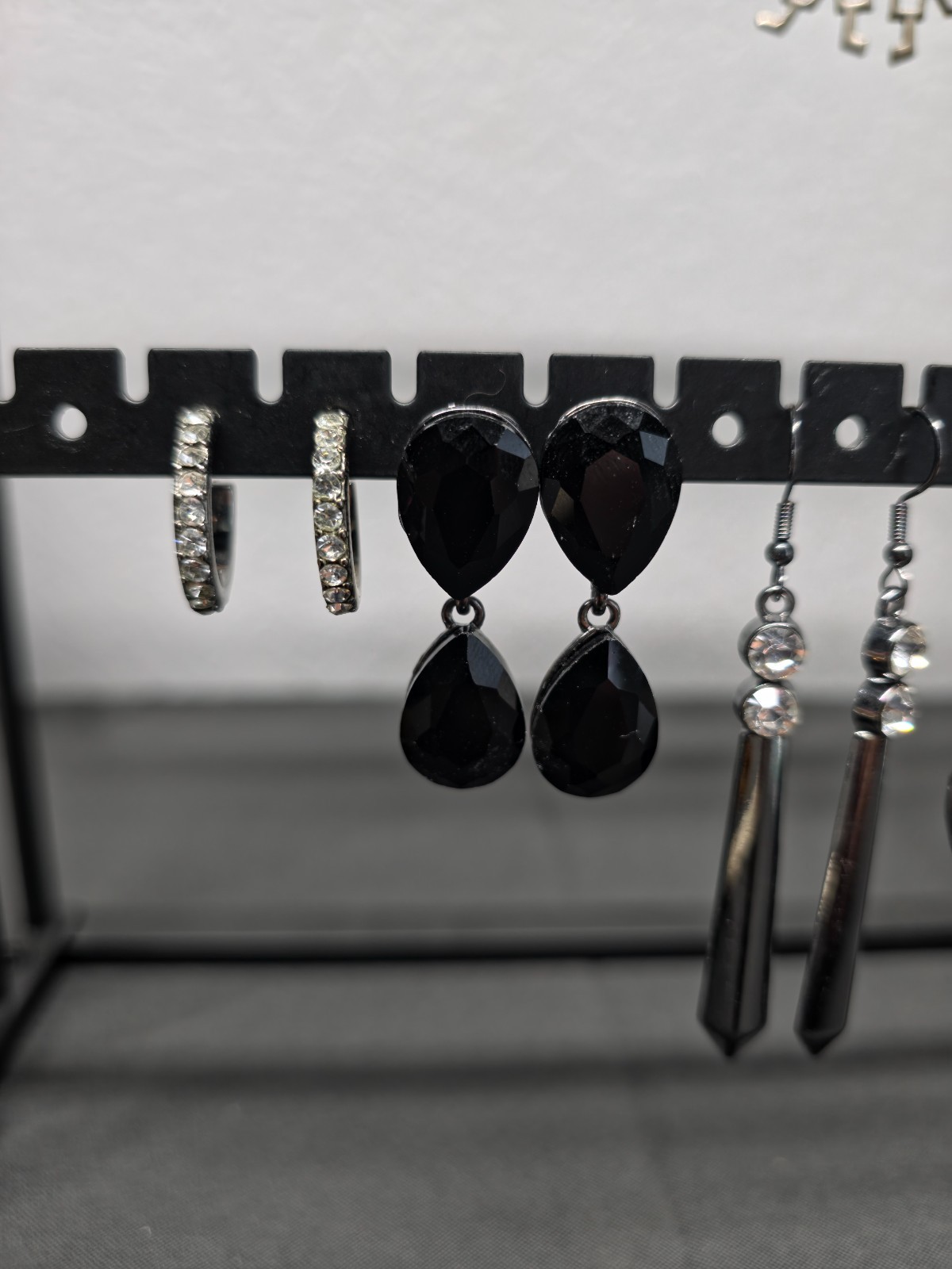 Lot of 4 Gunmetal Black Tone Hoop Dangle Earrings Rhinestone Goth Grunge Punk