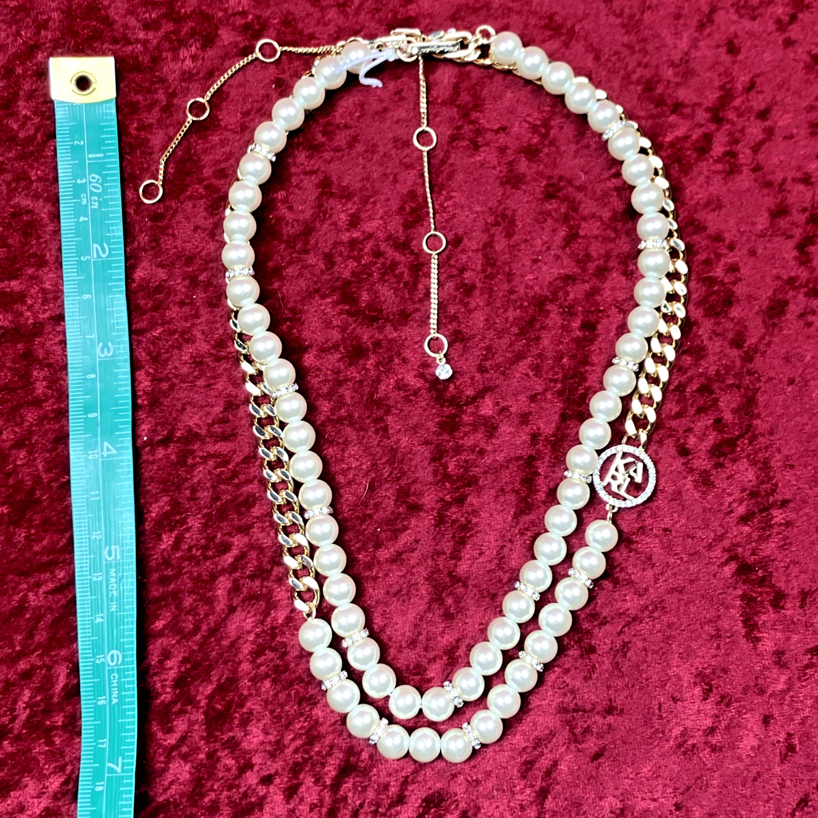 Karl Lagerfeld Gold Tone Imitation Pearl Omega Double Row Necklace NWOT