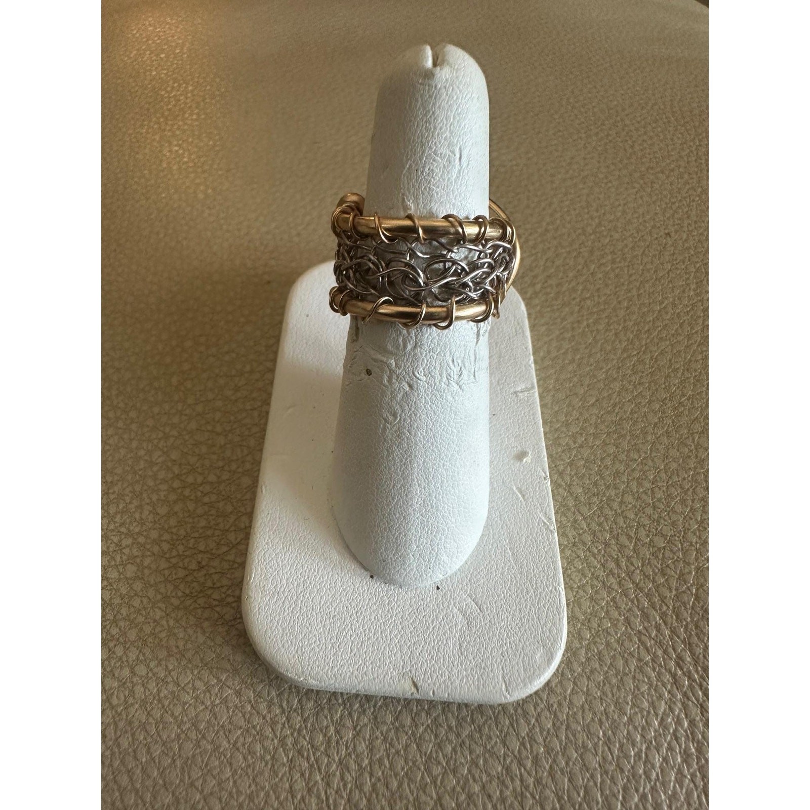 Crystalline Stone wrapped in 14kt Gold Fill Wire Fine Silver Crochet Band Size 6