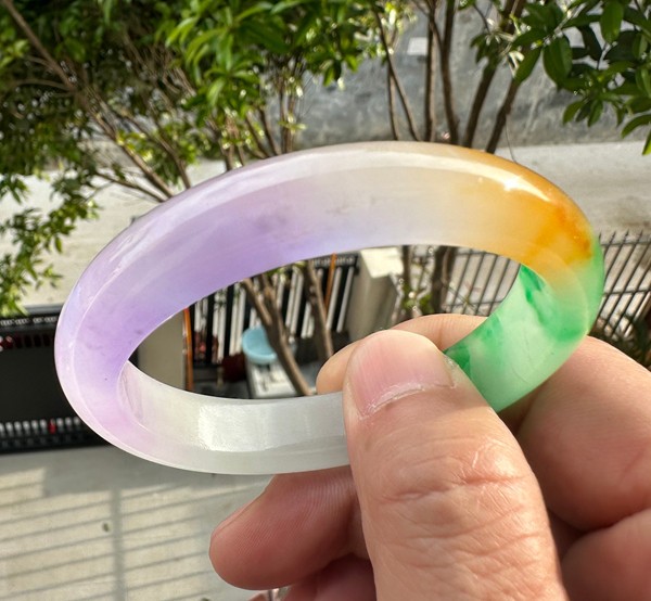 Natural Grade A Jadeite Bangle Tri-Color Green Lavender Yellow Burmese Jade 57mm