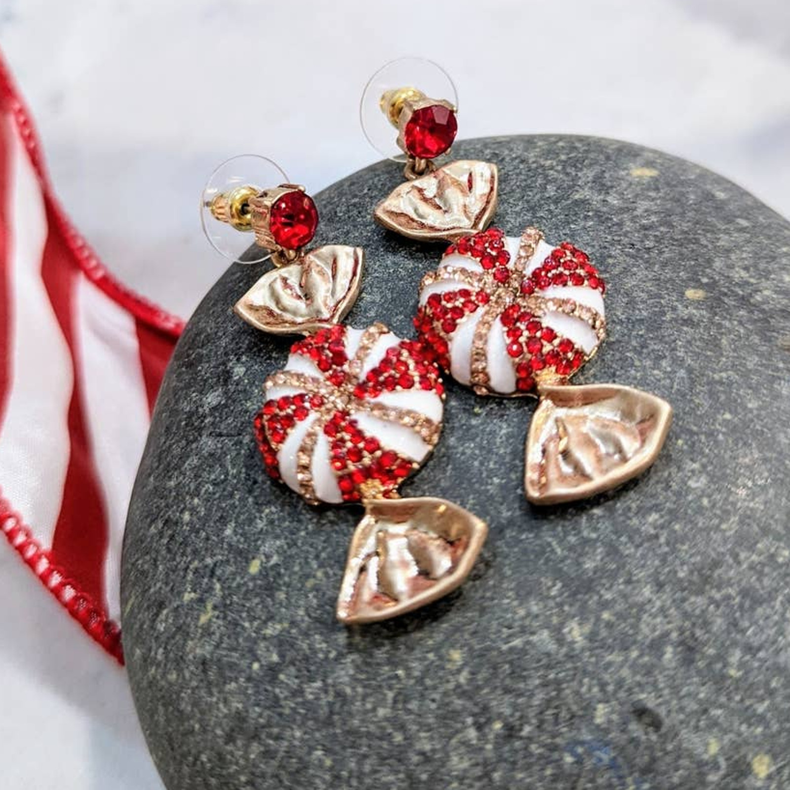 HOLIDAY Red White Sparkle Peppermint Dangle Post Earrings Christmas Gift NEW