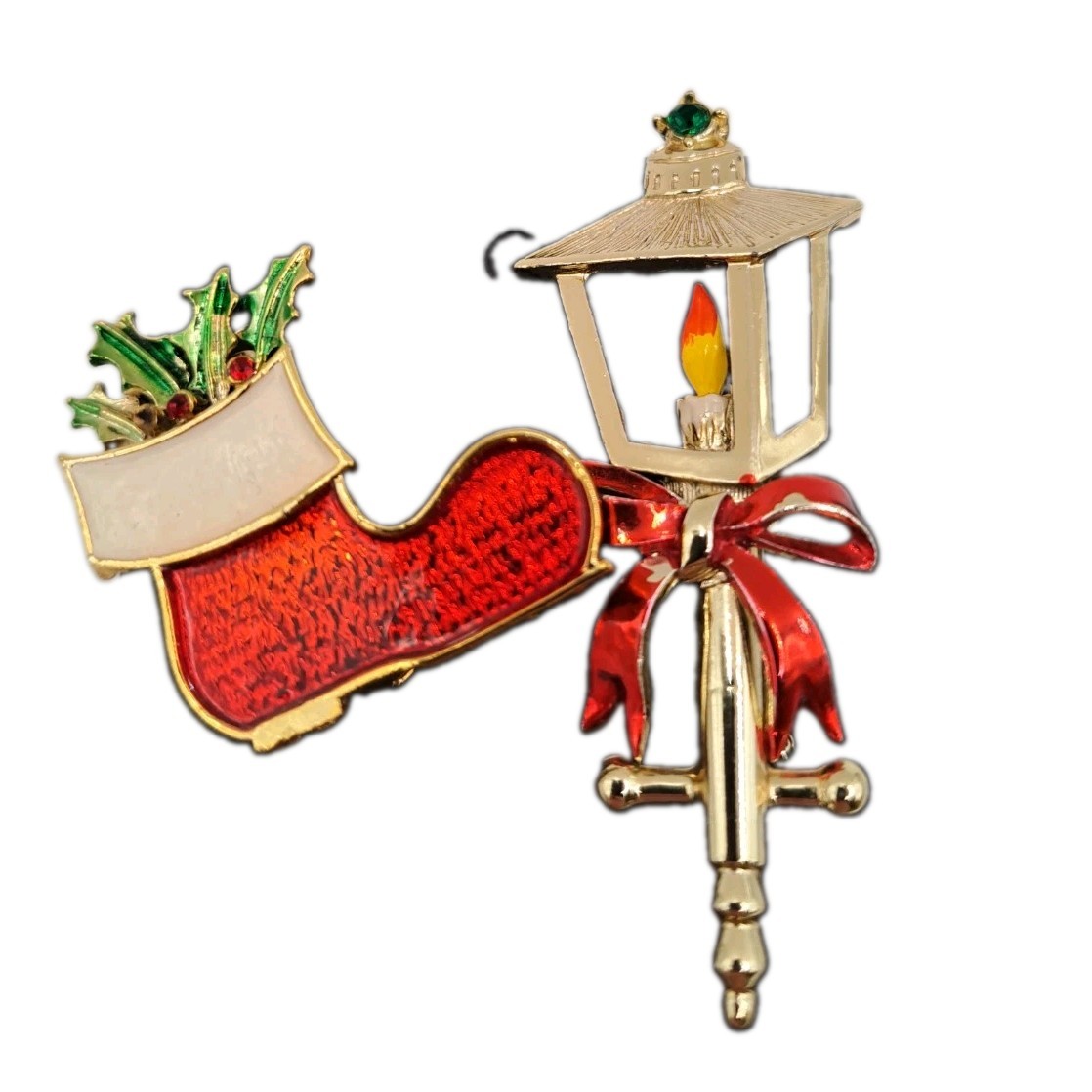 Vintage Lot of 2 Signed BJ Christmas Holiday Jewelry Pins Lamppost Stocking