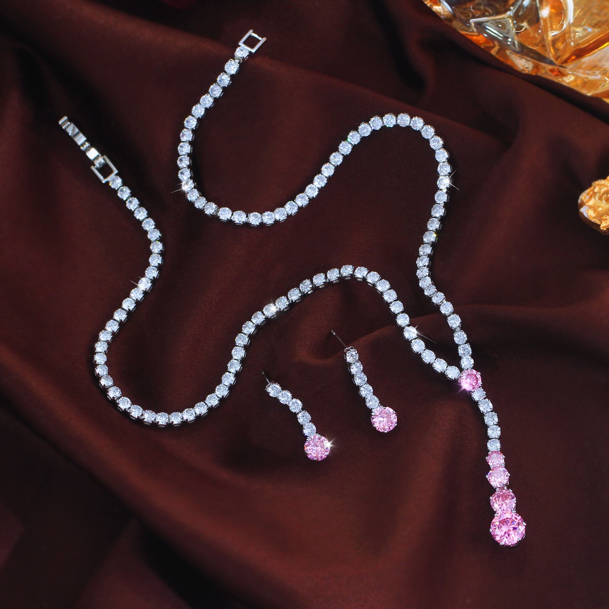 Women Stylish Long Drop Necklace and Earrings Silver Plated Round CZ Jewelry Set