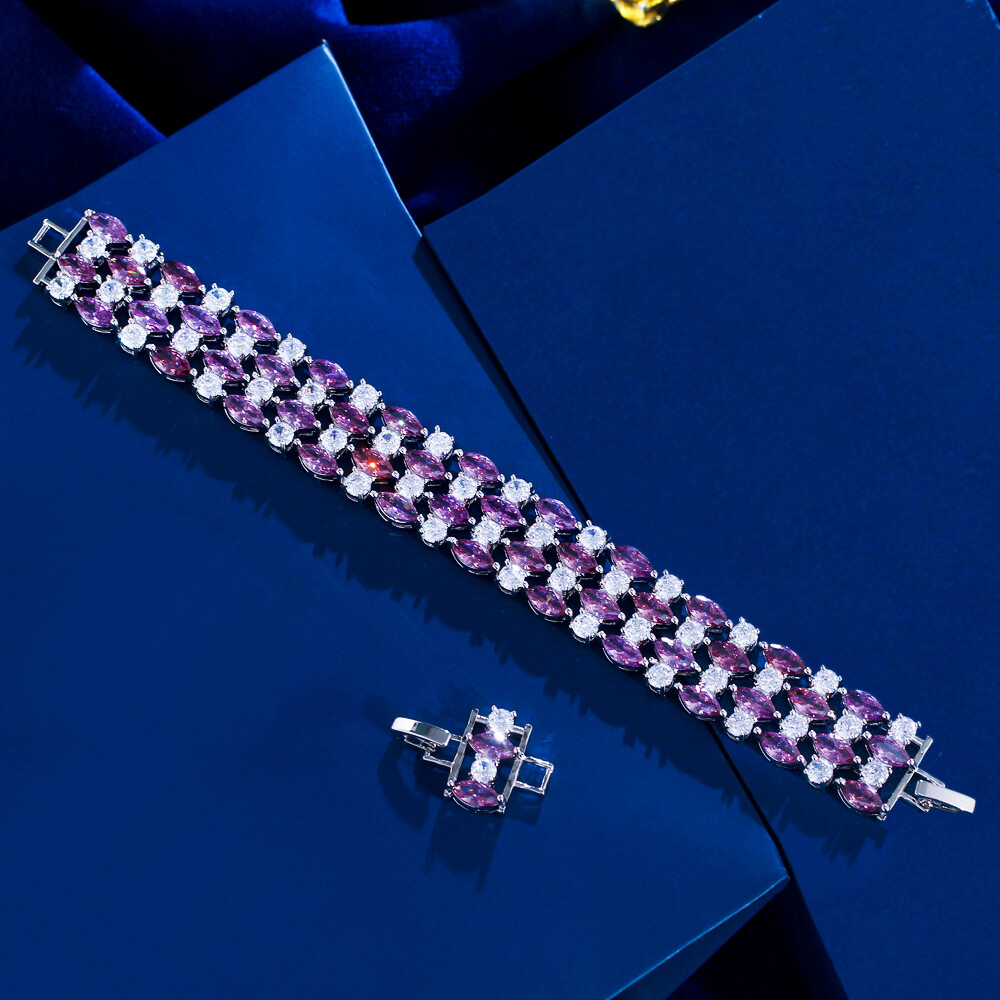 Women Silver Plated Multicolor Round Marquise Cubic Zirconia Big Wide Bracelet
