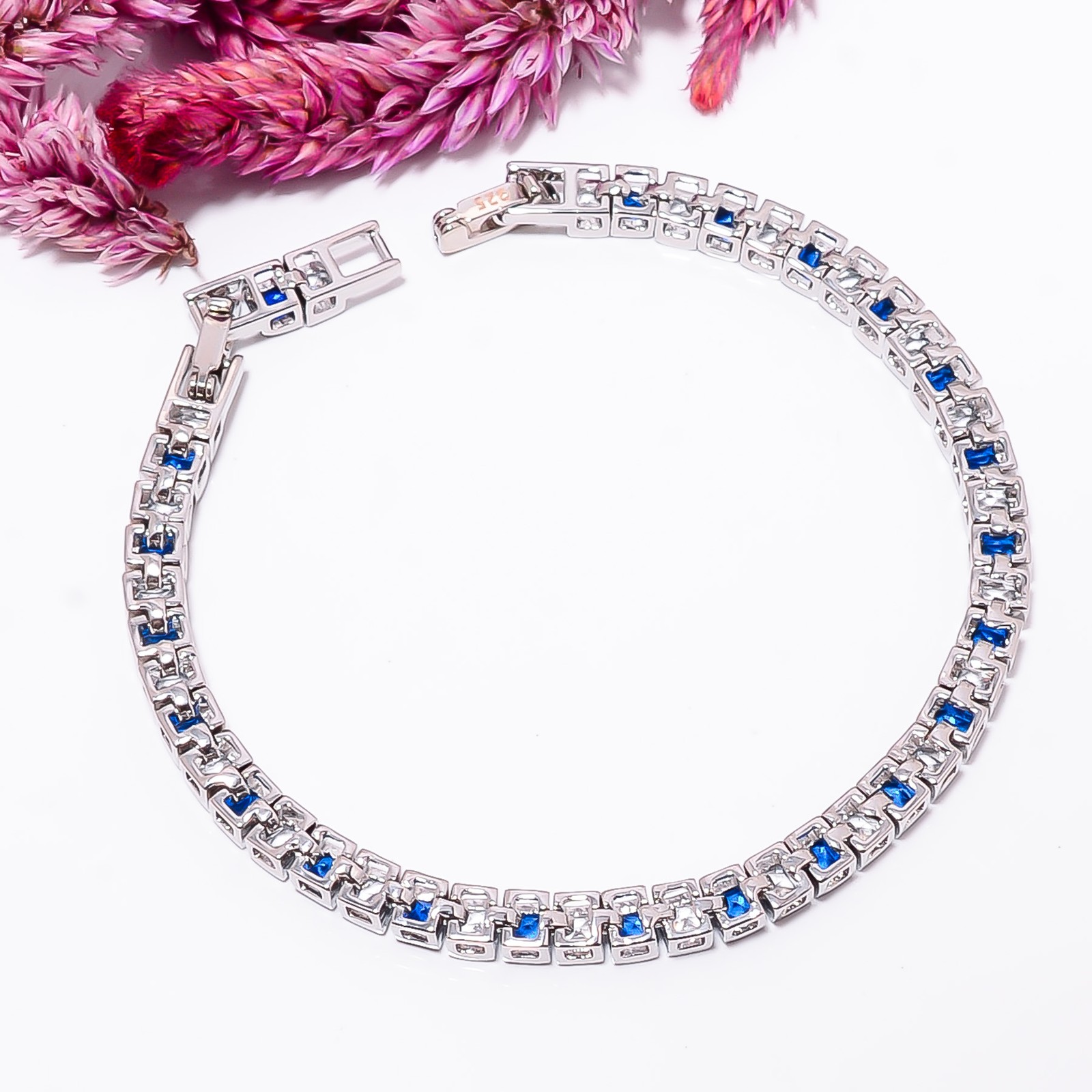 Blue Sapphire -Simulated, CZ 925 Sterling Silver Adjustable Bracelet 7-8″ B0010