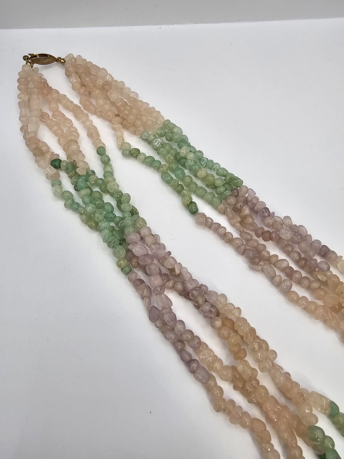 Five-strand Pastel Pink Rose quartz & Mint Green Adventurine & Amethyst 23″ Neck