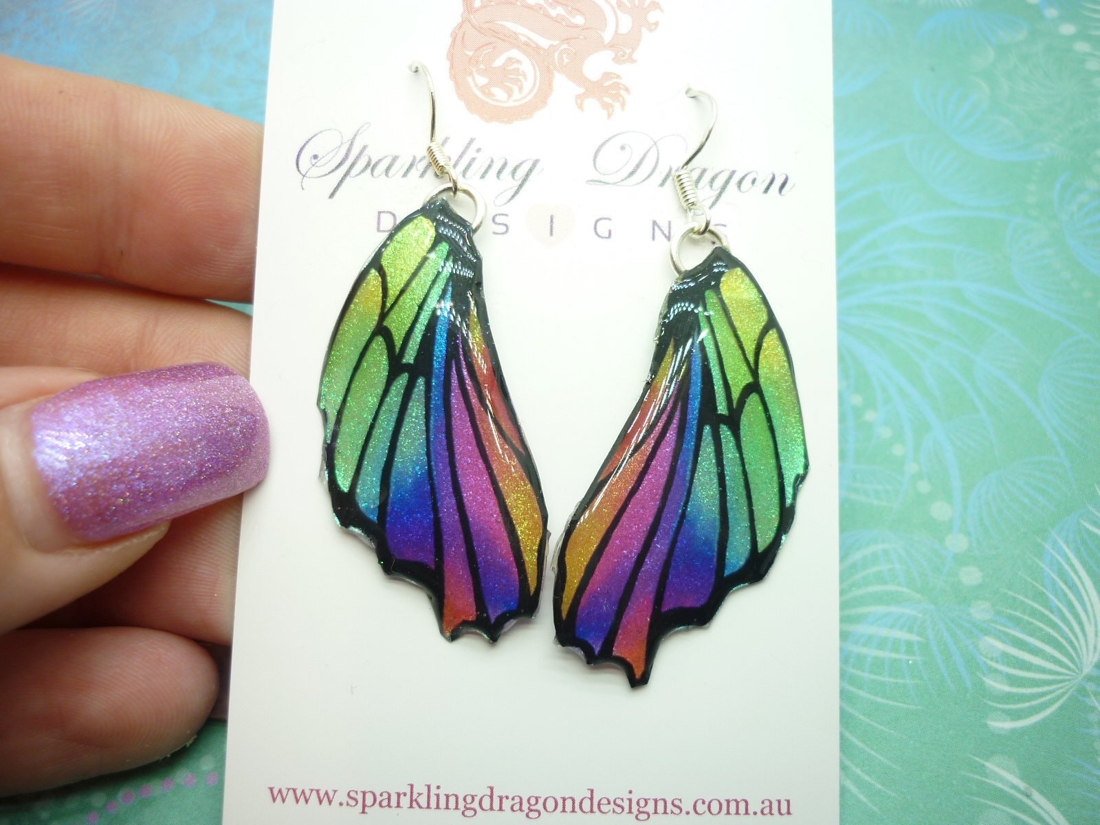 Butterfly Wing Earrings Green Purple Rainbow – Fairy Jewellery, Fun Gift for