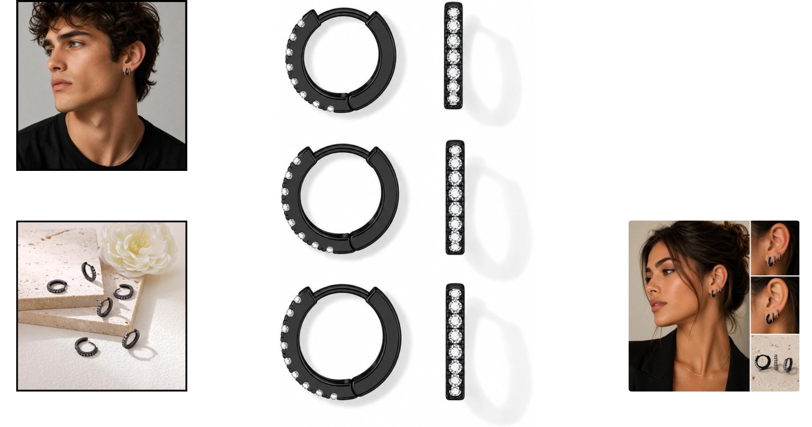 Elegant 3 Pairs Small Black Hoop Earrings with Cubic Zirconia – 8mm, 10mm, 12mm