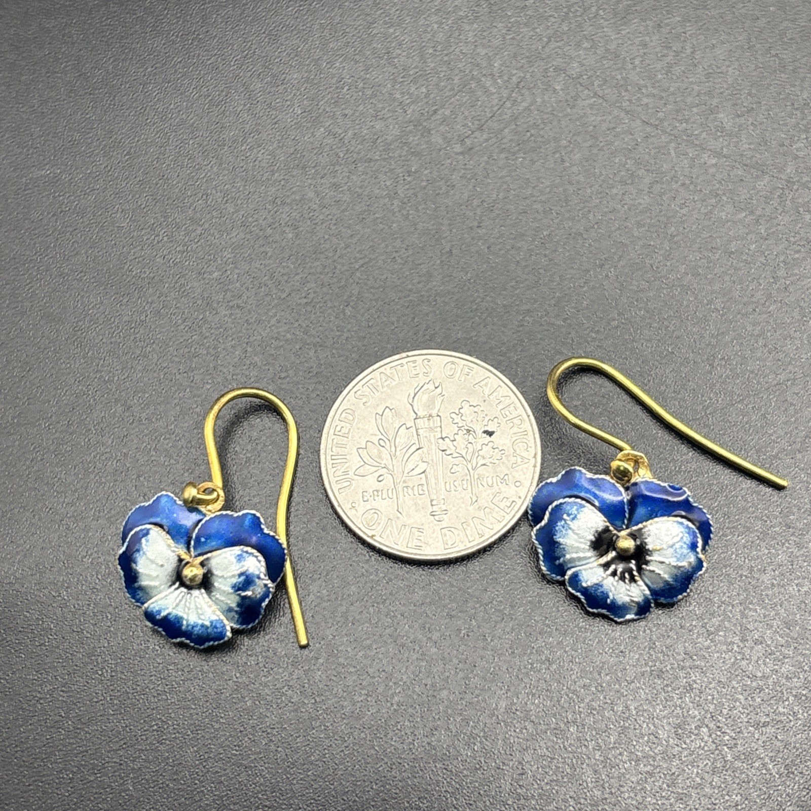 Shashi Earrings Sterling Silver Blue Enamel Gold Wash Pansy Dangle Dainty .75”￼