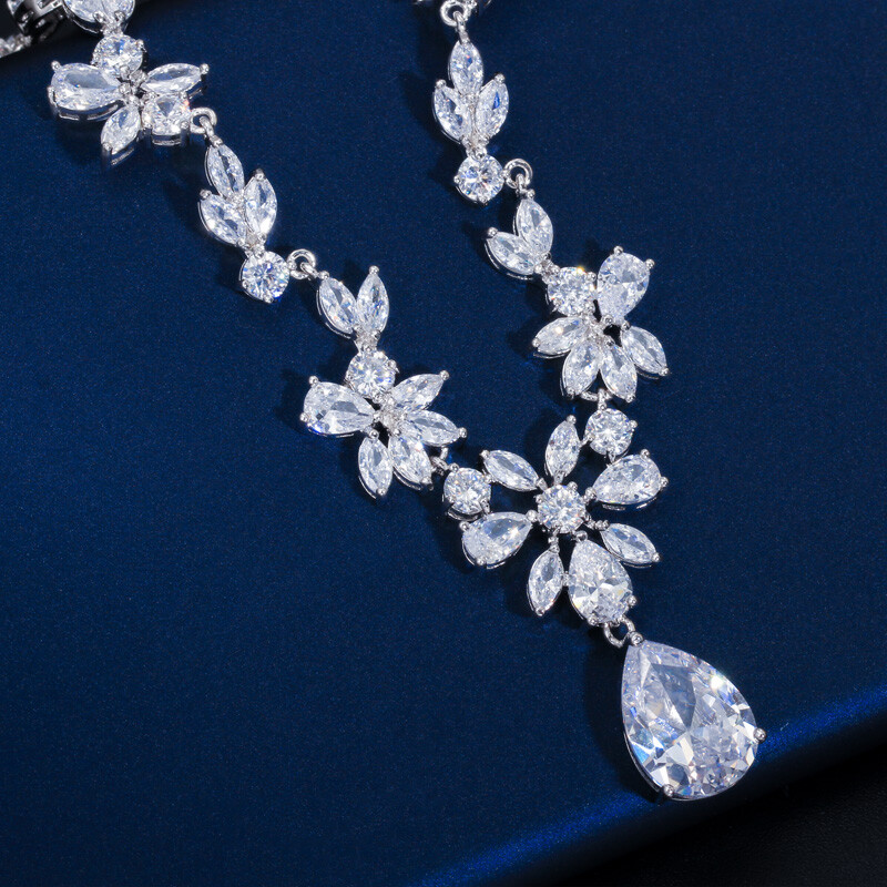 Silver Plated White CZ Necklace Earrings Sets Bridal Costume Jewelry Accessories