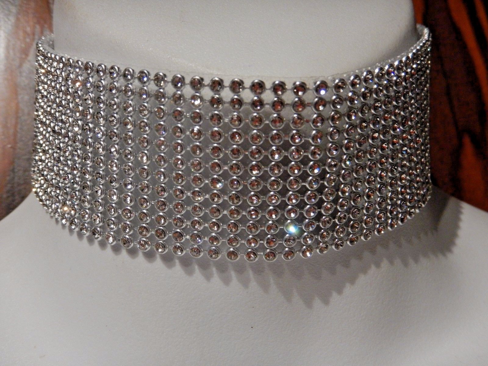 CLEAR CRYSTAL RHINESTONE COLLAR silver-tone wide vinyl choker necklace band 4A