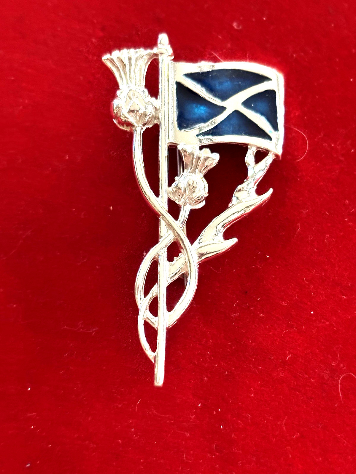 Scottish Silver Tone Blue Enamel Flag Thistle Kilt Pin David Hinwood Design Mint