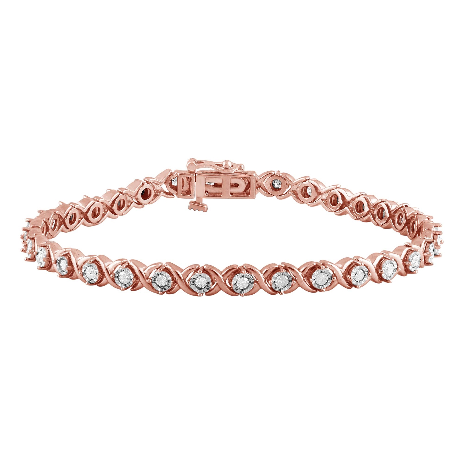 Classy 1.00 Ct Natural Diamond XO Bracelet in Rose Gold Rhodium Plated Silver