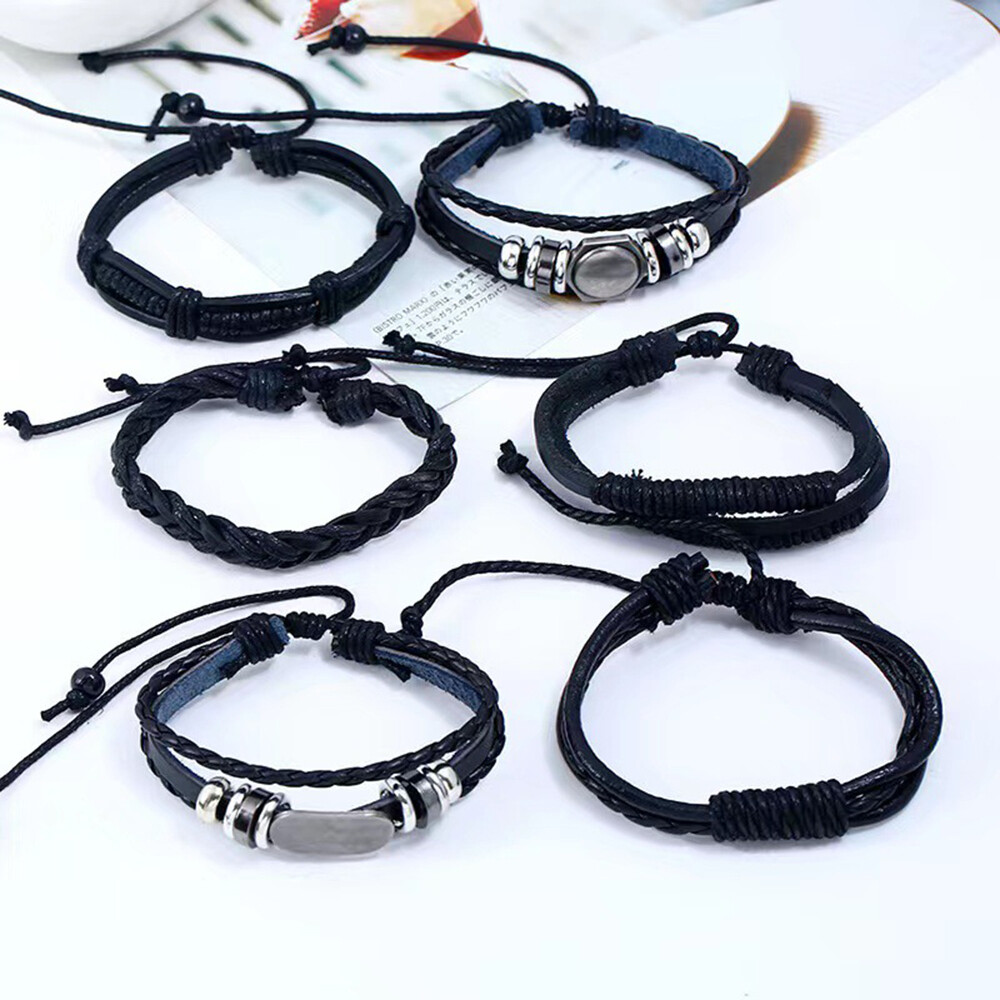6/12PCS Men Women Braided Leather Rope Bracelet Set Wristband Bangle Tribal