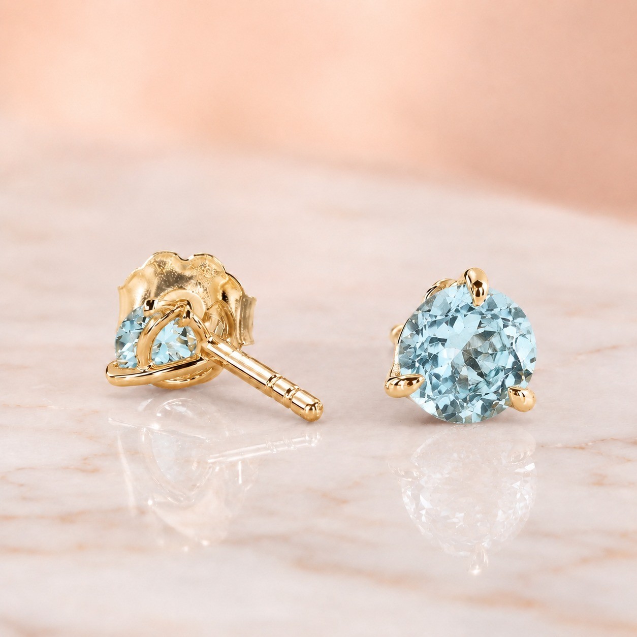 2Ctw Round Aquamarine Stud Earrings 14K Yellow Gold 3-Prong Push Back