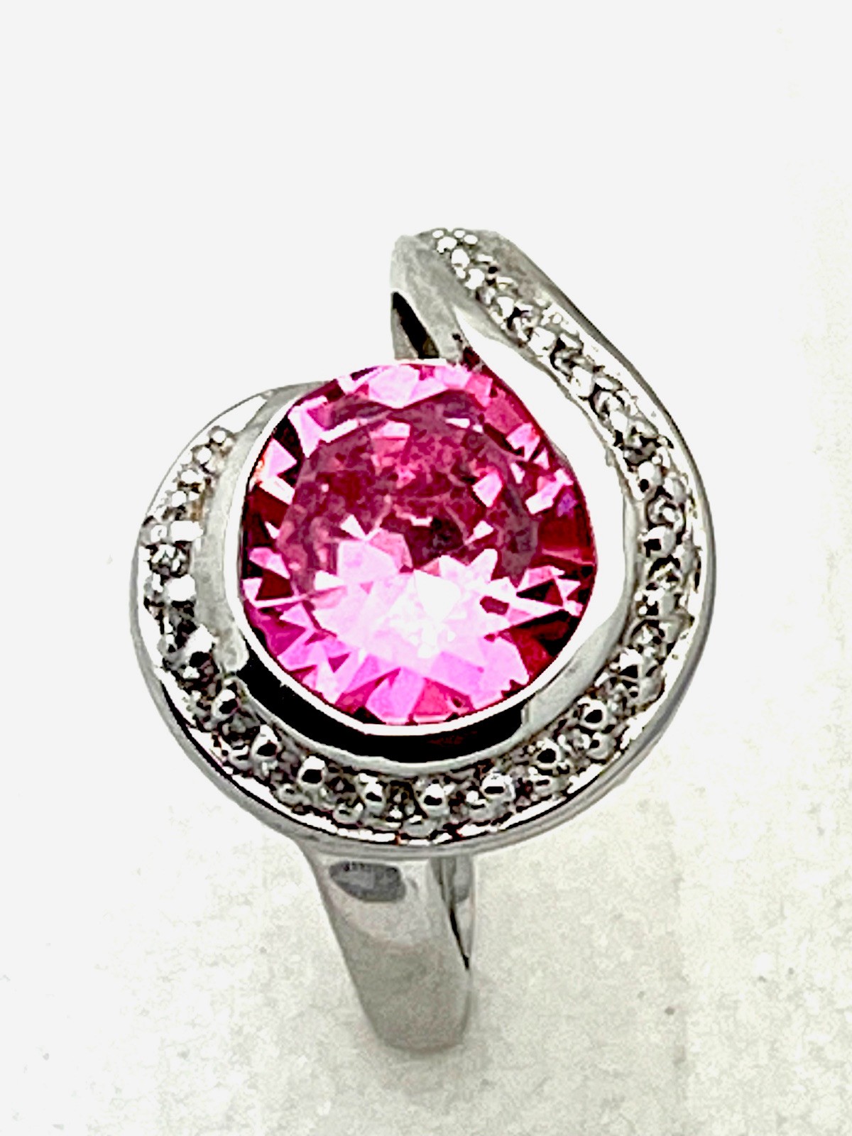 Sterling Silver 925 6.3 Gram Prong Set 24 Clear CZ Channel Set Pink Ring Size 7