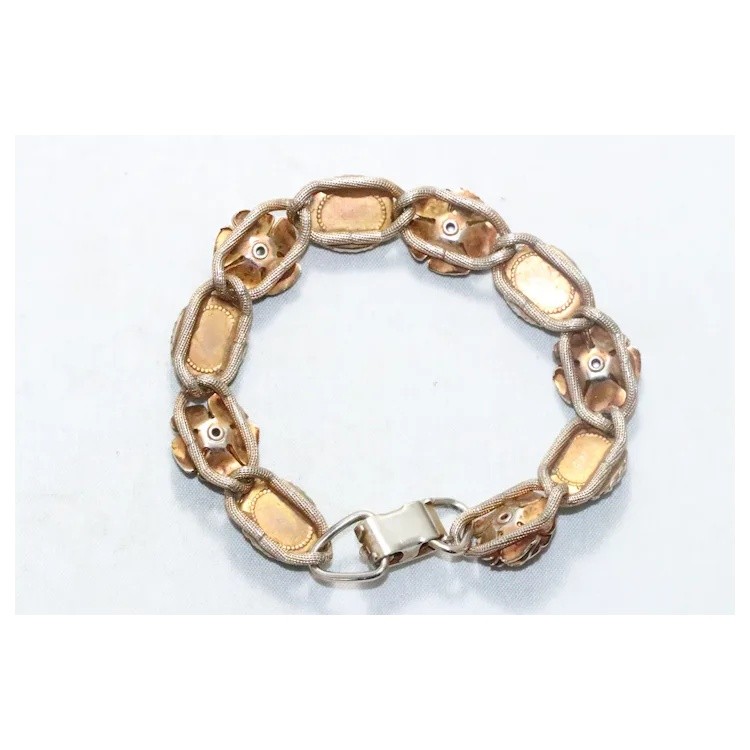 Vintage Costume Gold Tone Floral Synthetic Pearl Black Onyx Link Bracelet