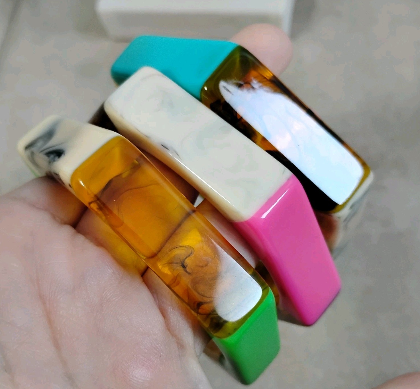 NEW Lot Of 3 Octagon Shape Multi Color Block Bangle Bracelet Plastic Resin Sz 8