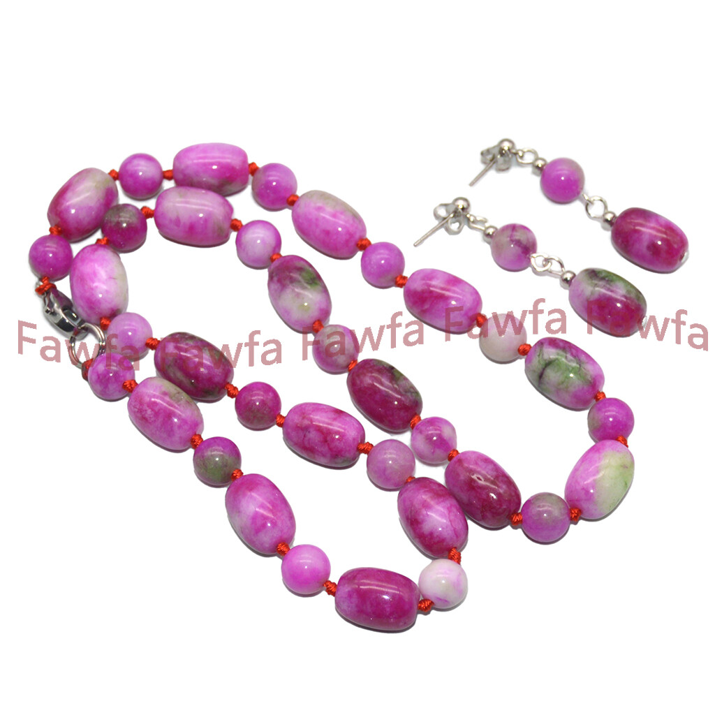 8mm Round 10x14mm Barrel Red Green Multicolor Jade Necklace Bracelet Earring Set