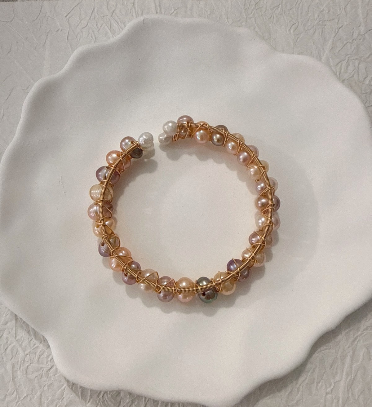 Natural Freshwater Pearl Wire Wrapped Cuff Bracelet Gold Tone Handmade Boho Gift