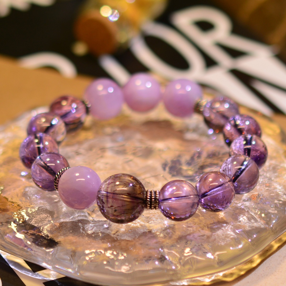 Women S925 Silver Natural Crystal Beaded Bracelet Amethyst Kunzite Super Seven