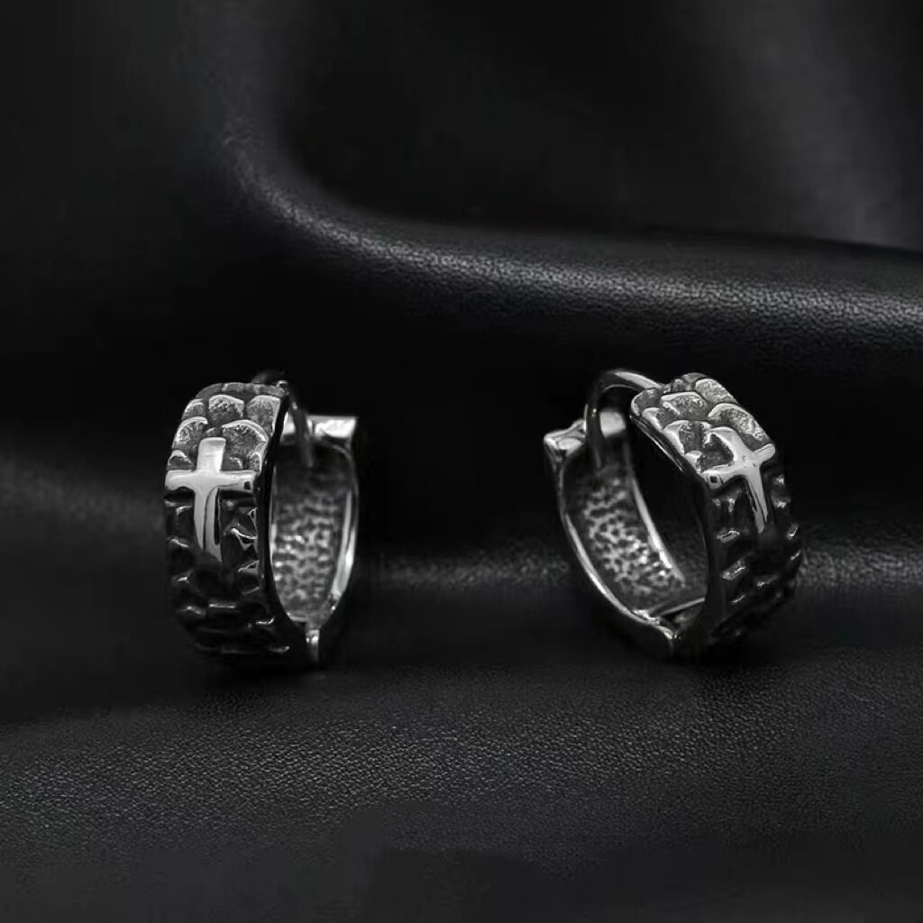 Mens Unisex Silver Cross Huggie Hoop Earrings Stainless Steel Punk Rock Jewelry