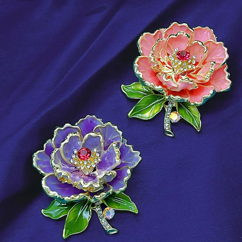 Gold Purple Peony Crystal Flower Brooch Enamel Rhinestone Pin Summer Gift Jewelr