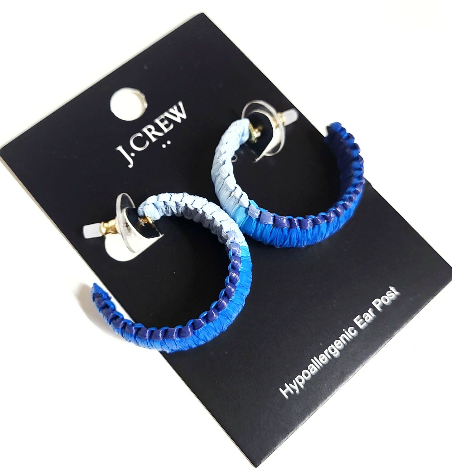 J.Crew Factory Raffia Wrapped Hoop Earrings Blue Ombre Multi Hypoallergenic NWT