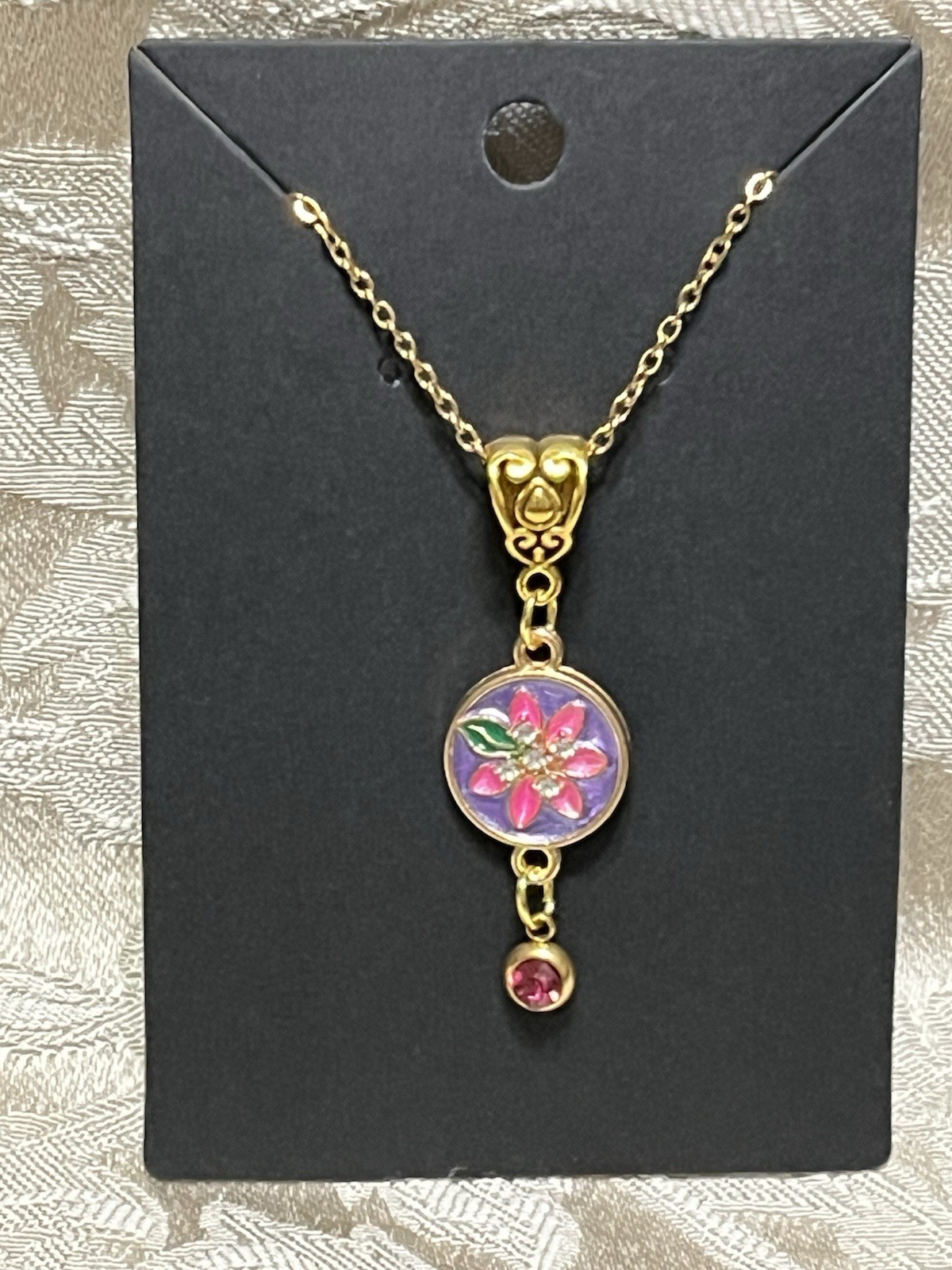 Retro Floral Gem Enamel Pendant Gold 18” Necklace Bohemian Floral Novelty