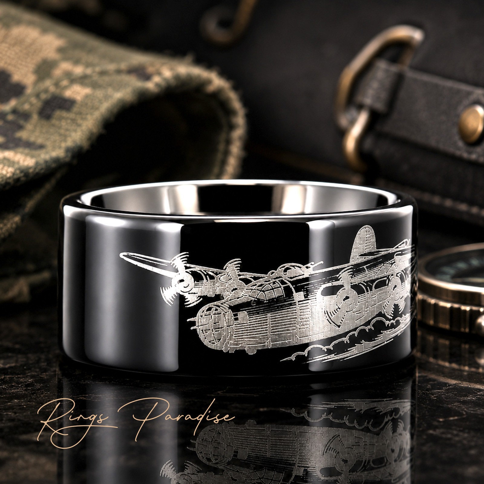 B-24 Airplane Tungsten Wedding Band with WWII Aviation Engraving – 8mm 10mm 12mm