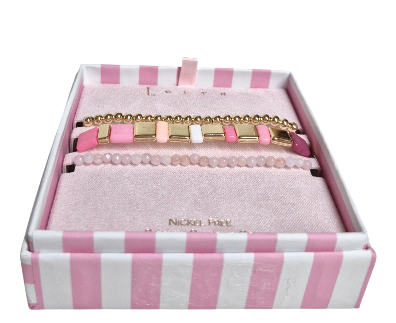 Leith Layered Stretch Bracelet Set of Three Pink White Goldtone Multi-Color NIB