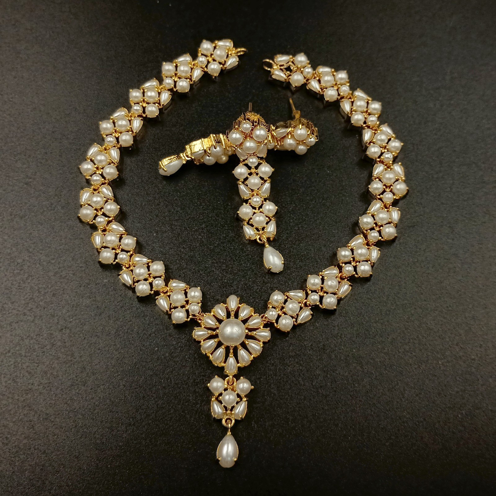 Vintage 22K Gold Plated Pearl Necklace Set Traditional Ethnic Statement Sets