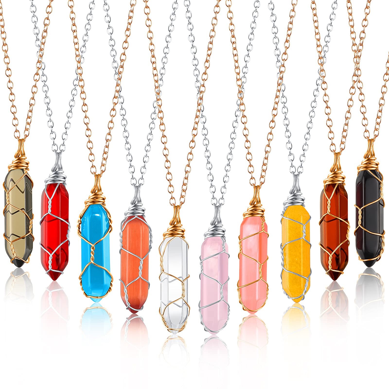 10 Pcs Hexagonal Crystal Pendant Necklace Full Wire Wrap Gemstone Necklace