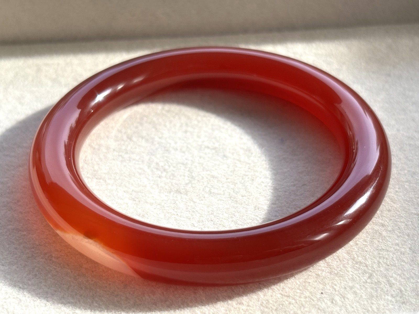 57mm Chunky Carnelian Red Agate Bangle 10.5mm Full Round with White Cloud Accent