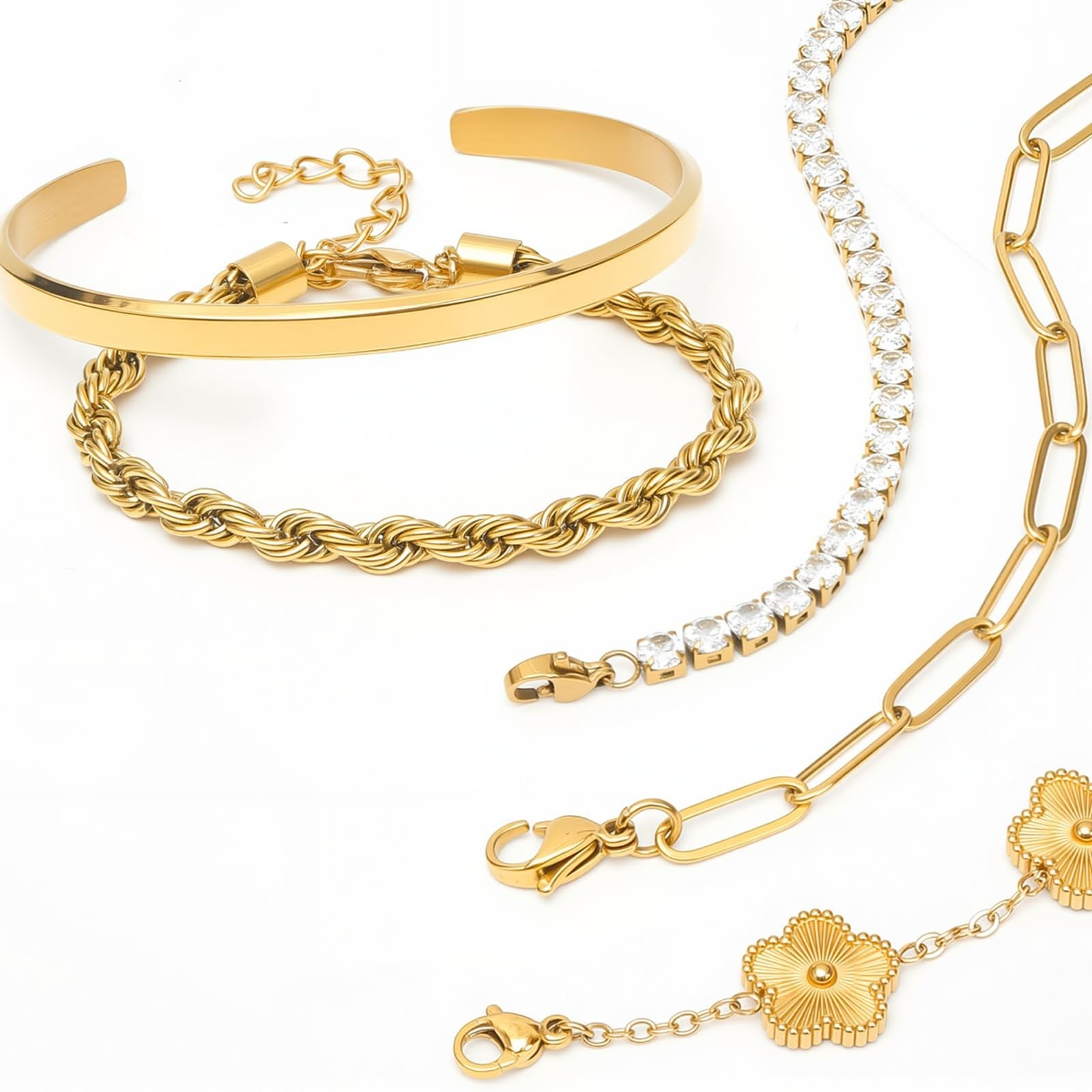 18K Gold Plated Women’s Bracelet Set – Waterproof, Non-Tarnish, Chunky & Floral