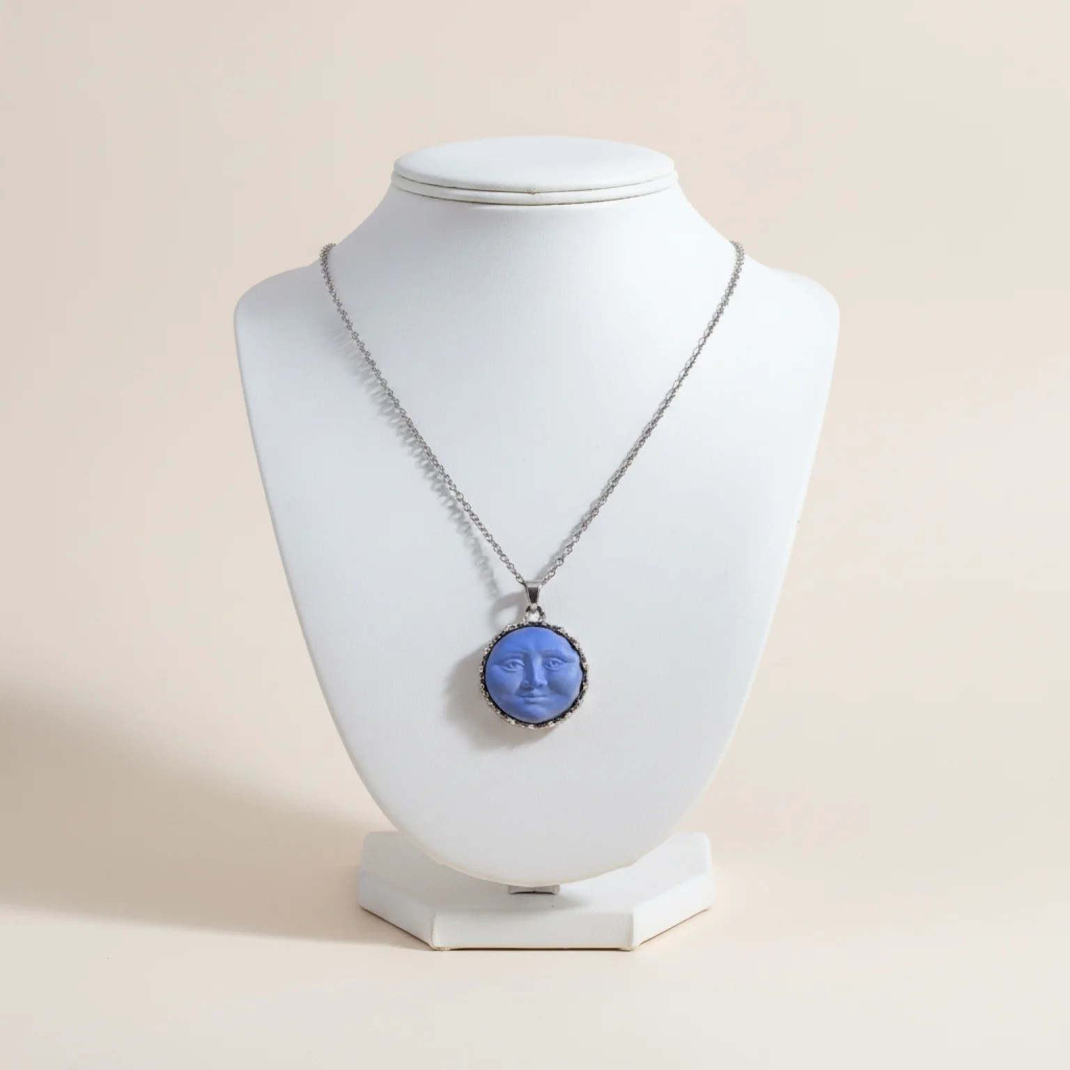 Iridescent Blue Moon Face Pendant Necklace